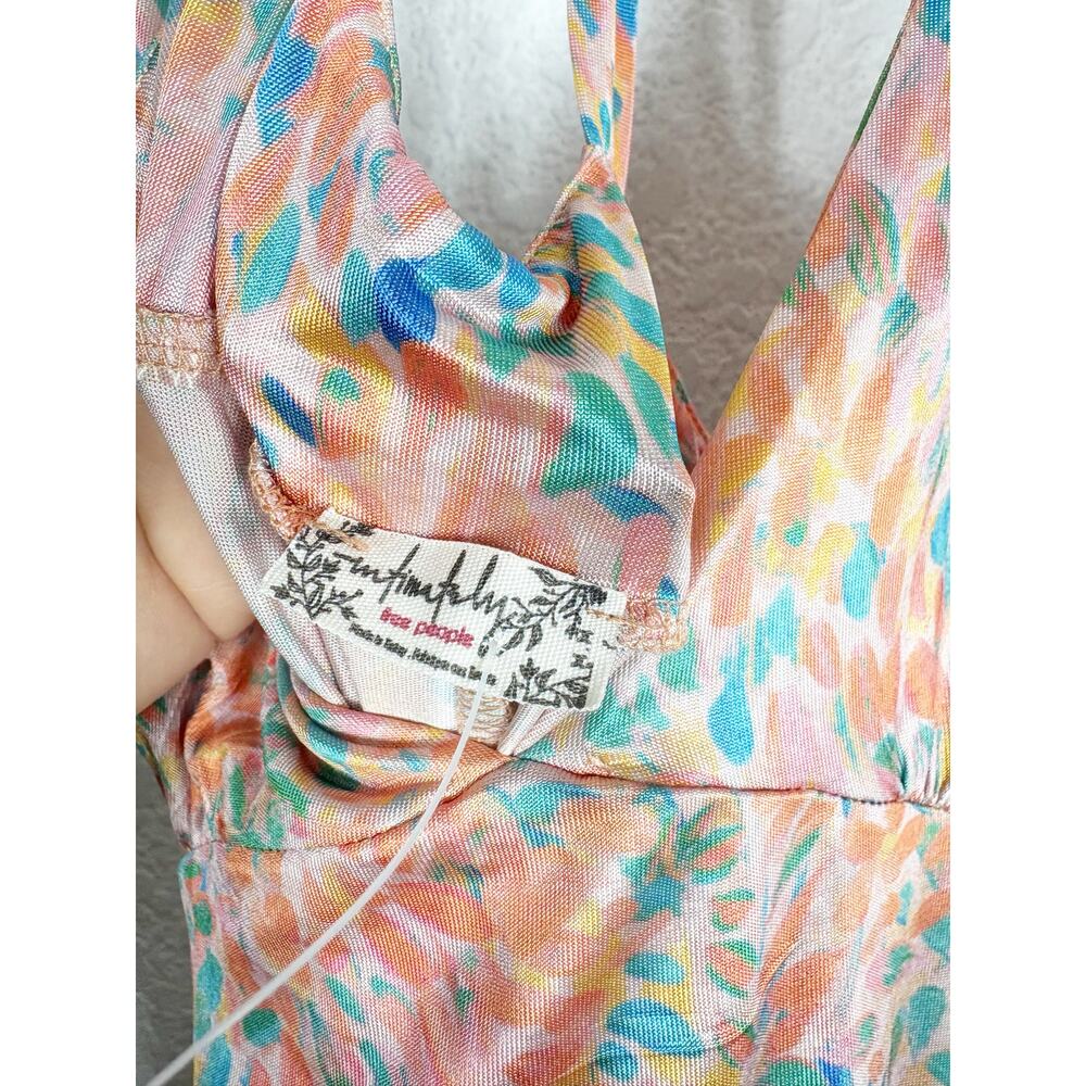 Free People Nowhere To Be Slip Dress Medium Midi Coral Floral Stretch Satin - Picture 5 of 14